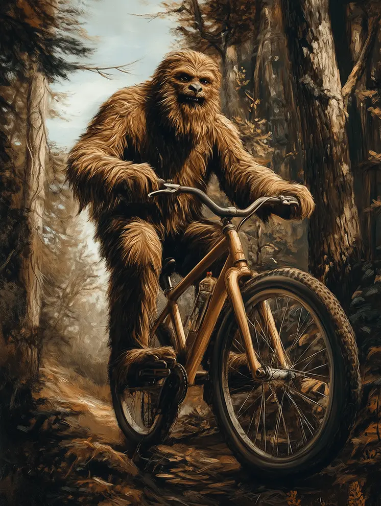 Bigfoot on a Bike- Cryptid Wall Art Prints – 8″x10″ Artwork for 11″x14″ Frame