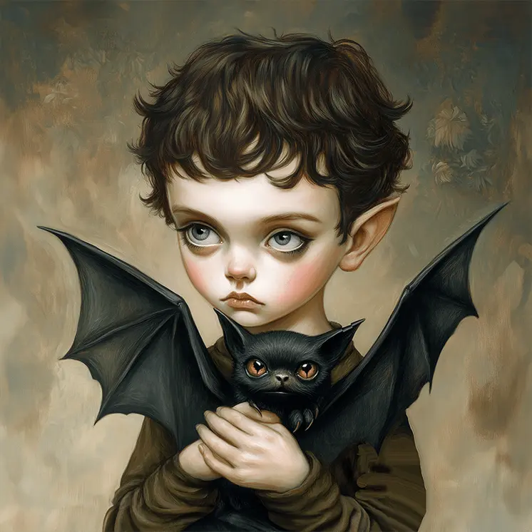 Boy with Vampire Bat Pet: Big Eyes, Low Brow, High Brow Art Wall Prints 8"x10" for 11" x 14" Frames