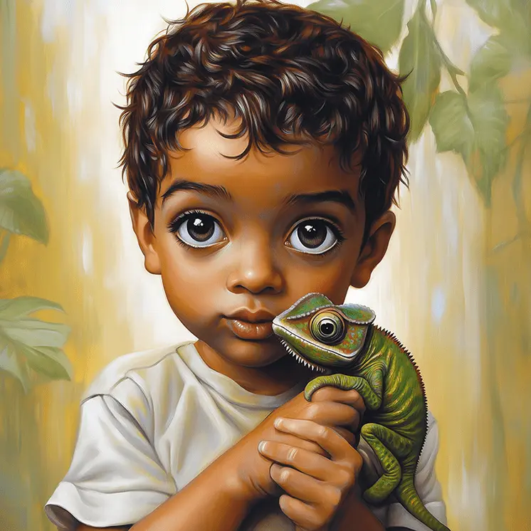 Little Boy with Chameleon Pet: Big Eyes, Low Brow, High Brow Art Wall Prints 8"x10" for 11" x 14" Frames