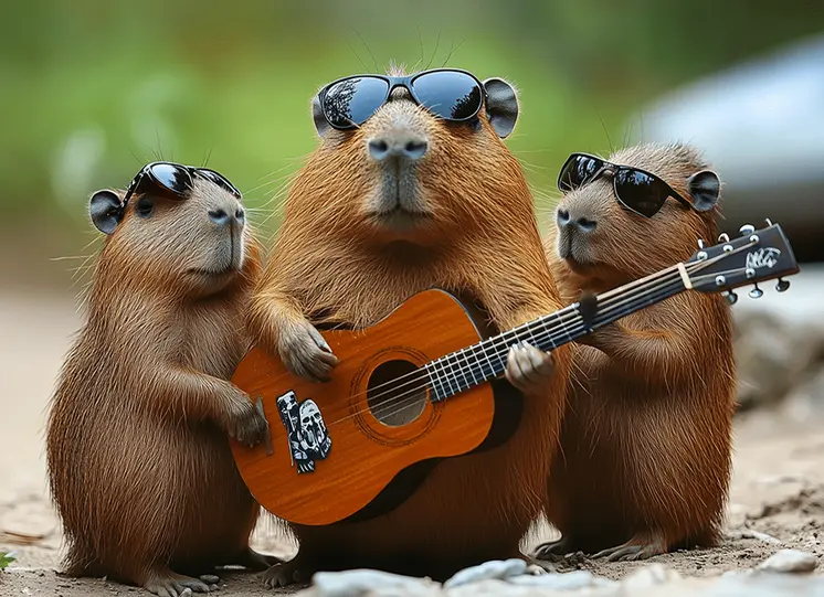 Capybara Family Band Wall Art Prints – 8″x10″ Artwork in 11″x14″ Mat
