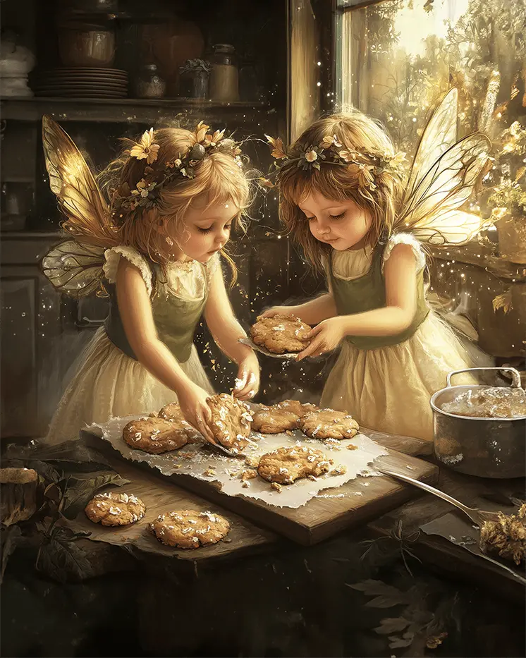 Fairies Making Cookies - Fairies Wall Art Prints – 8″x10″ Artwork for 11″x14″ Frame