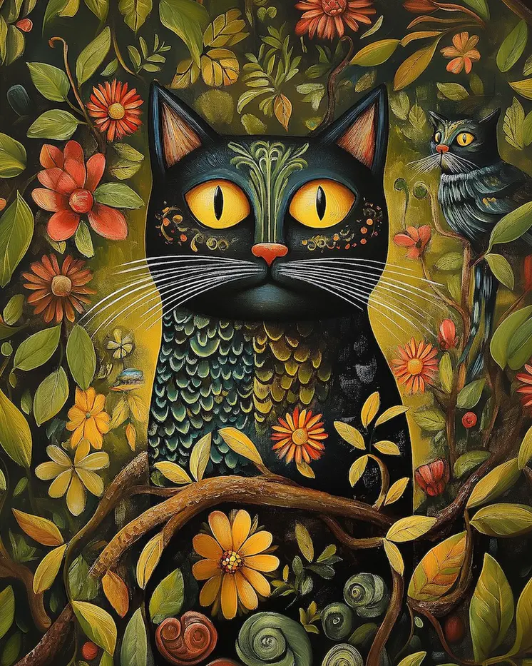 Folk Art Black Cat in the Secret Garden - Folk Art Prints – 8″x10″ Artwork in 11″x14″ Mat