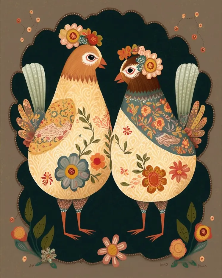 Folk Art Clucking Sisters - Folk Art Prints – 8″x10″ Artwork in 11″x14″ Mat