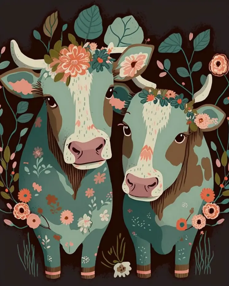 Folk Art Flower Cows - Folk Art Prints – 8″x10″ Artwork in 11″x14″ Mat