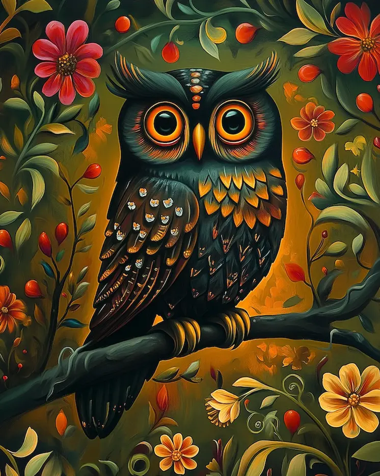 Folk Art Midnight Owl - Folk Art Prints – 8″x10″ Artwork in 11″x14″ Mat