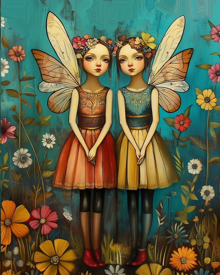 Folk Art Twin Fairies Turquoise Garden - Fairy Folk Art Prints – 8″x10″ Artwork in 11″x14″ Mat