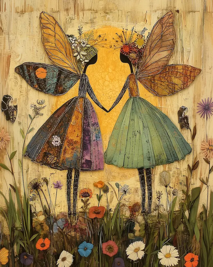 Folk Art Twin Fairies - Fairy Folk Art Prints – 8″x10″ Artwork in 11″x14″ Mat