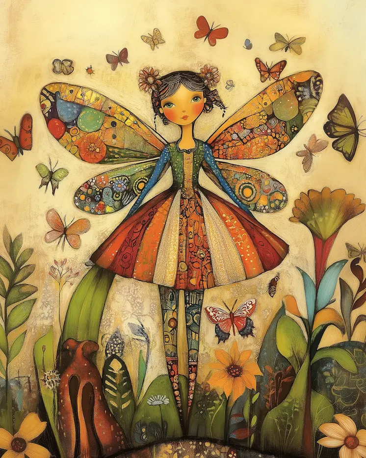Folk Art Butterfly Fairy -  Folk Art Prints – 8″x10″ Artwork in 11″x14″ Mat