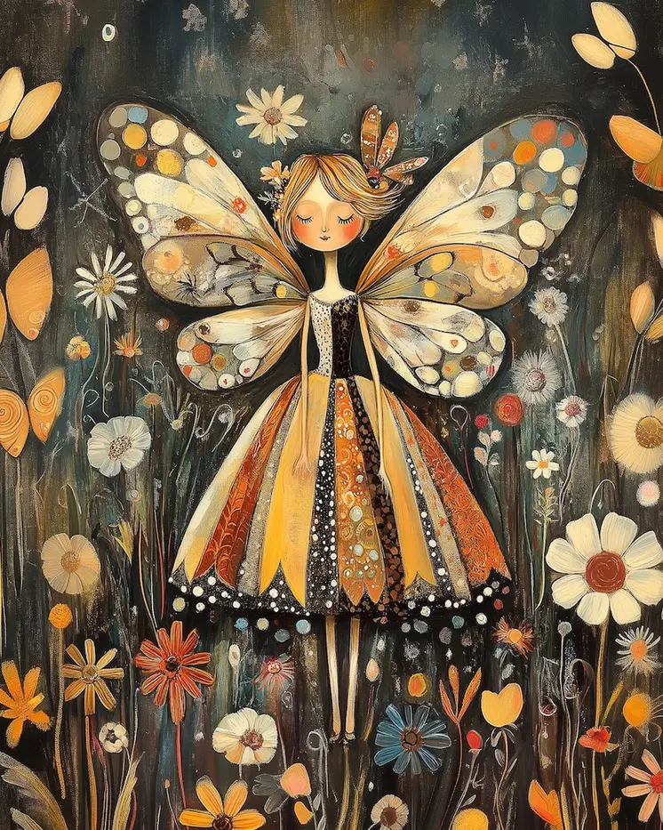 Fairy Night Garden -  Folk Art Prints – 8″x10″ Artwork in 11″x14″ Mat