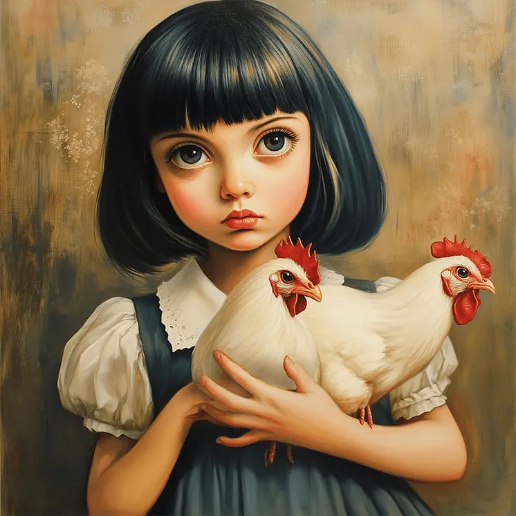 Little Farm Girl And Pet Hens: Big Eyes, Low Brow, High Brow Art Wall Prints 8"x10" for 11" x 14" Frames