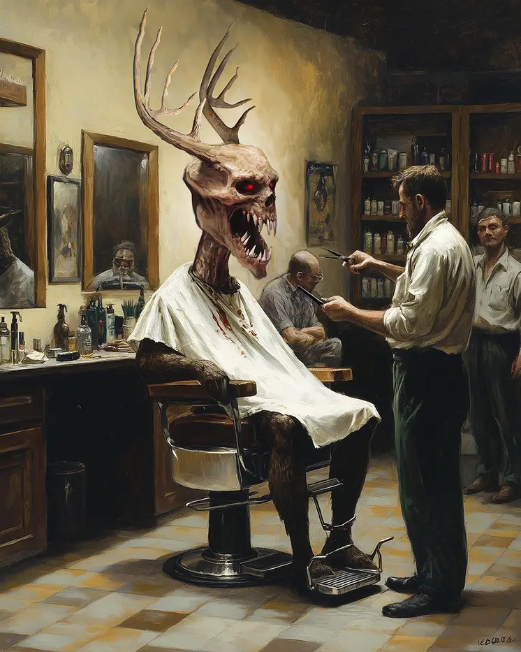 Wendigo at the Barber Shop - Monsters in Everyday Life Art Prints – 8″x10″ Artwork for 11″x14″ Frame
