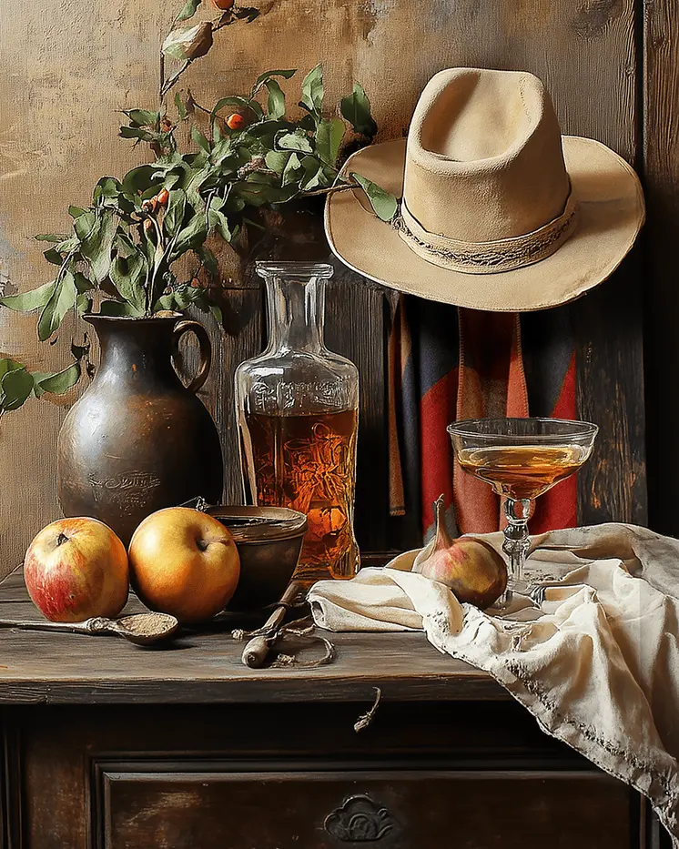 Western Whiskey and Apples Still Life  – 8″x10″ Artwork in 11″x14″ Mat