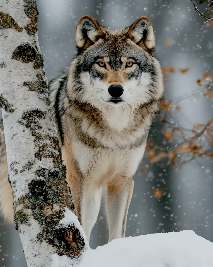 Wolf Behind Birch - Wildlife Wall Art Prints – 8″x10″ Artwork for 11″x14″ Frame