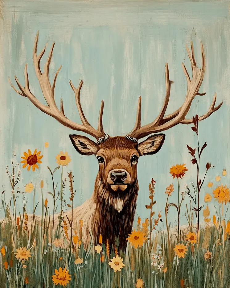 Folk Art Elk in Wildflower Field - Wildlife Wall Art Prints – 8″x10″ Artwork for 11″x14″ Frame