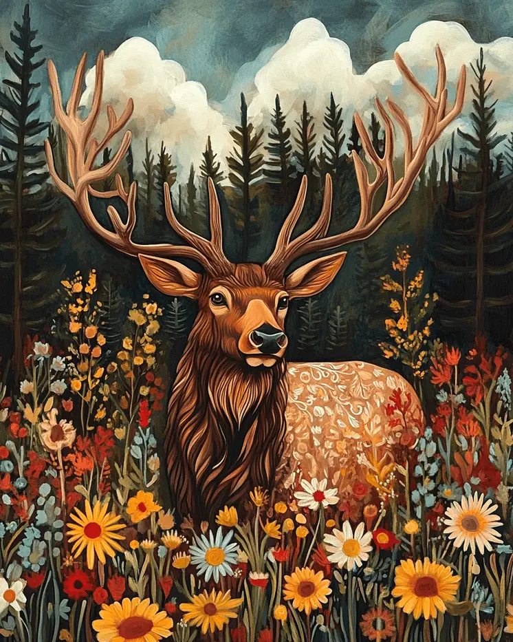 Folk Art Elk - Wildlife Wall Art Prints – 8″x10″ Artwork for 11″x14″ Frame