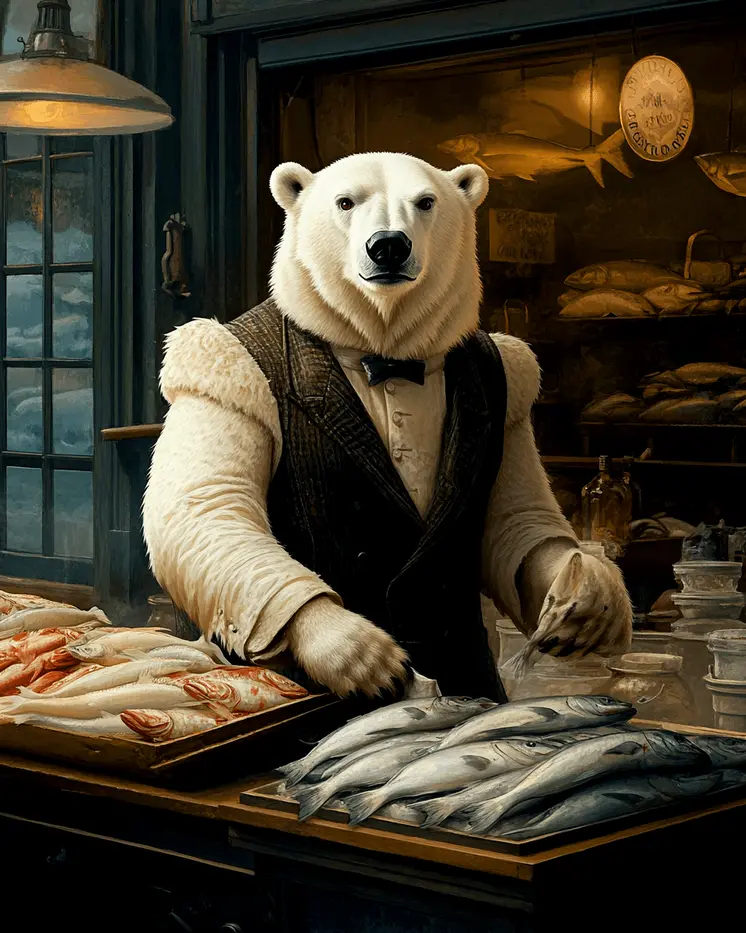 Polar Bear Fishmarket Shopkeeper - Animal Elite Wall Art Prints – 8″x10″ Artwork for 11″x14″ Frame