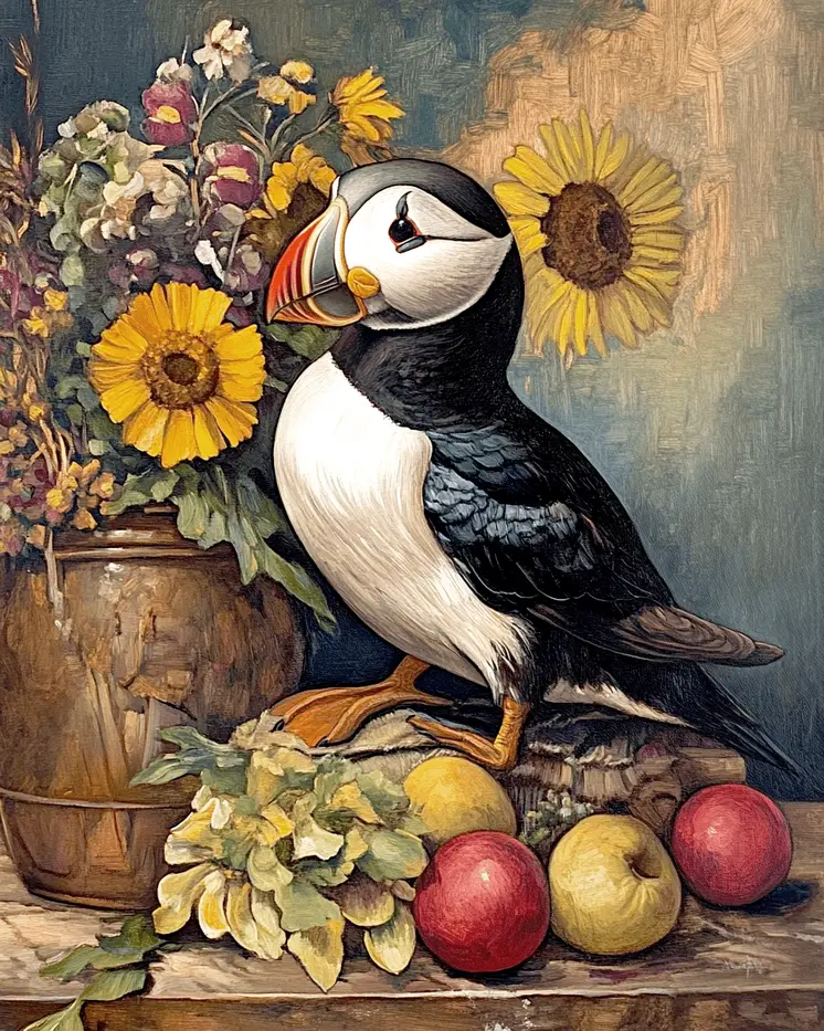 Puffin and Sunflowers - Animal Still Life Wall Art Prints – 8″x10″ Artwork for 11″x14″ Frame