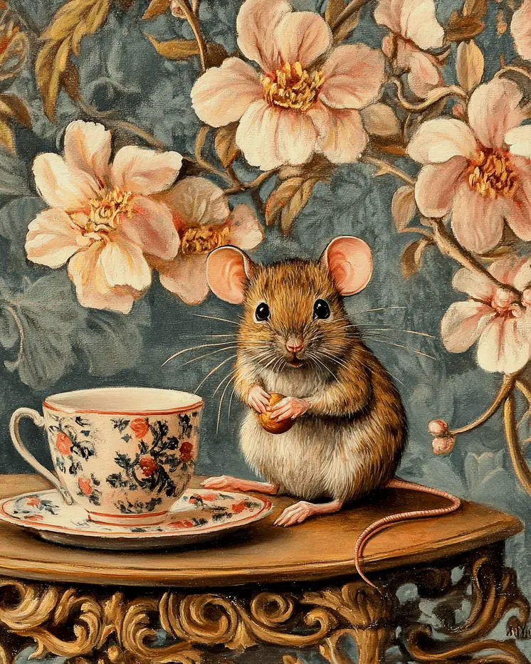 Nouveau Mouse and Teacup - Animal Still Life Wall Art Prints – 8″x10″ Artwork for 11″x14″ Frame