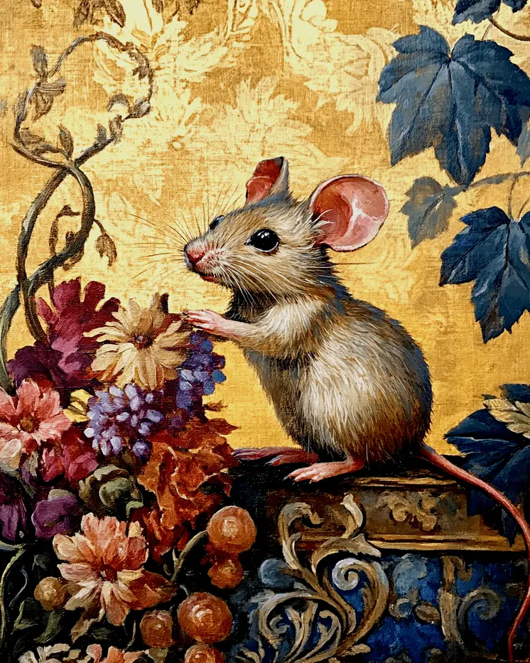 Nouveau Mouse and Flowers - Animal Still Life Wall Art Prints – 8″x10″ Artwork for 11″x14″ Frame