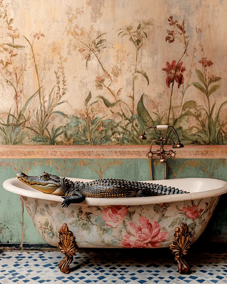 Alligator in Fancy Bathtub - Bathroom Wall Art Prints – 8″x10″ Artwork for 11″x14″ Frame