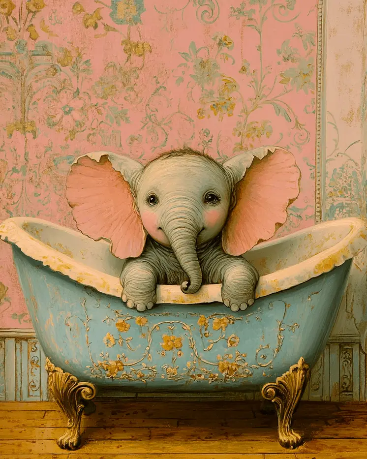 Baby Elephant in Painted Bathtub - Bathroom Wall Art Prints – 8″x10″ Artwork for 11″x14″ Frame