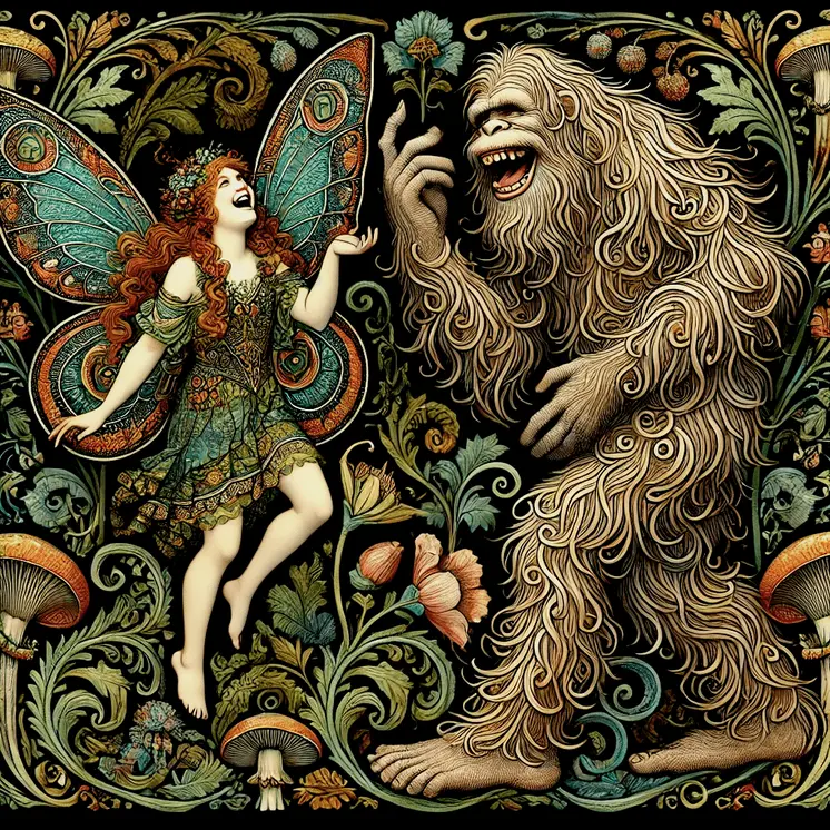 Sasquatch Tells Fairy a Joke - Bigfoot Art Prints – 8″x8″ Artwork in 12″x12″ Mat
