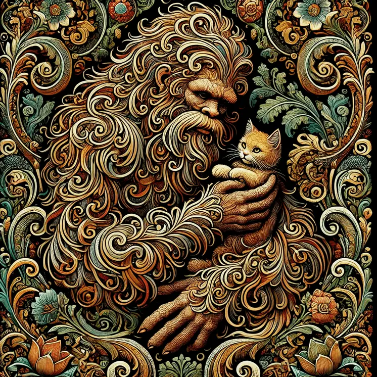 Sasquatch with Pet Kitten - Bigfoot Art Prints – 8″x8″ Artwork in 12″x12″ Mat