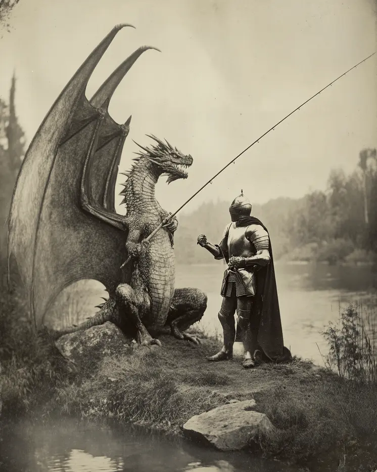 Knight & Draco Discussing Fishing - Dragon Wall Art Prints – 8″x10″ Artwork for 11″x14″ Frame