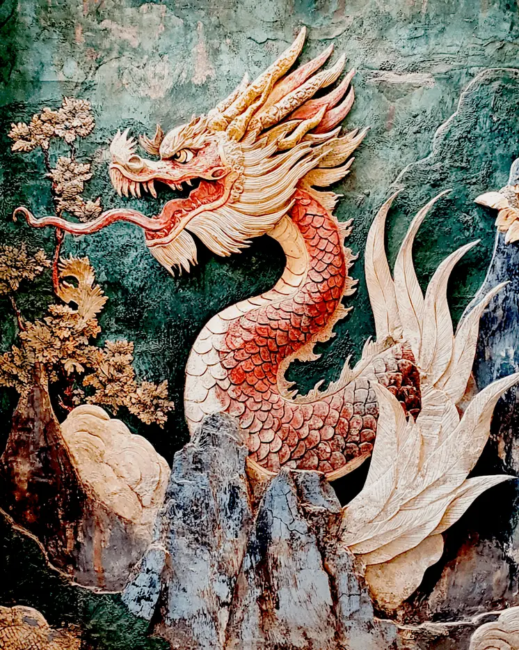 Antique Dragon Folk Art - Dragon Wall Art Prints – 8″x10″ Artwork for 11″x14″ Frame