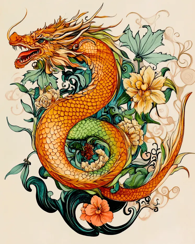Floral Draco Design - Dragon Wall Art Prints – 8″x10″ Artwork for 11″x14″ Frame