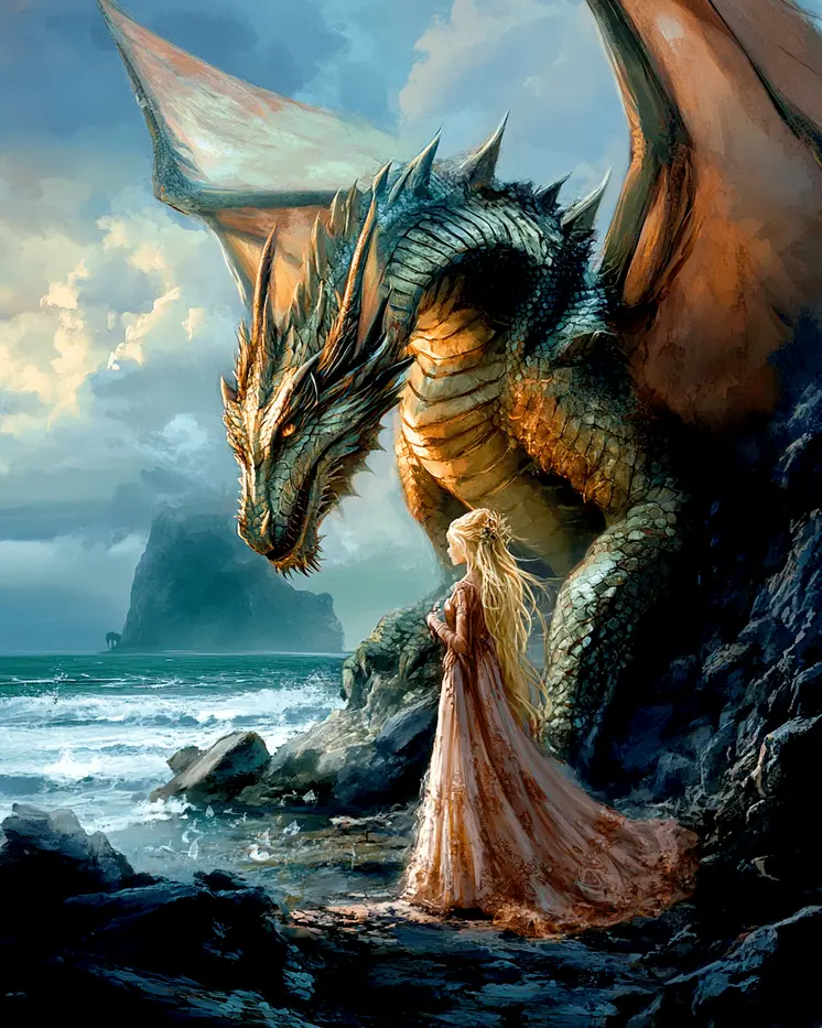 Princess and Dragon on the Seashore - Dragon Wall Art Prints – 8″x10″ Artwork for 11″x14″ Frame