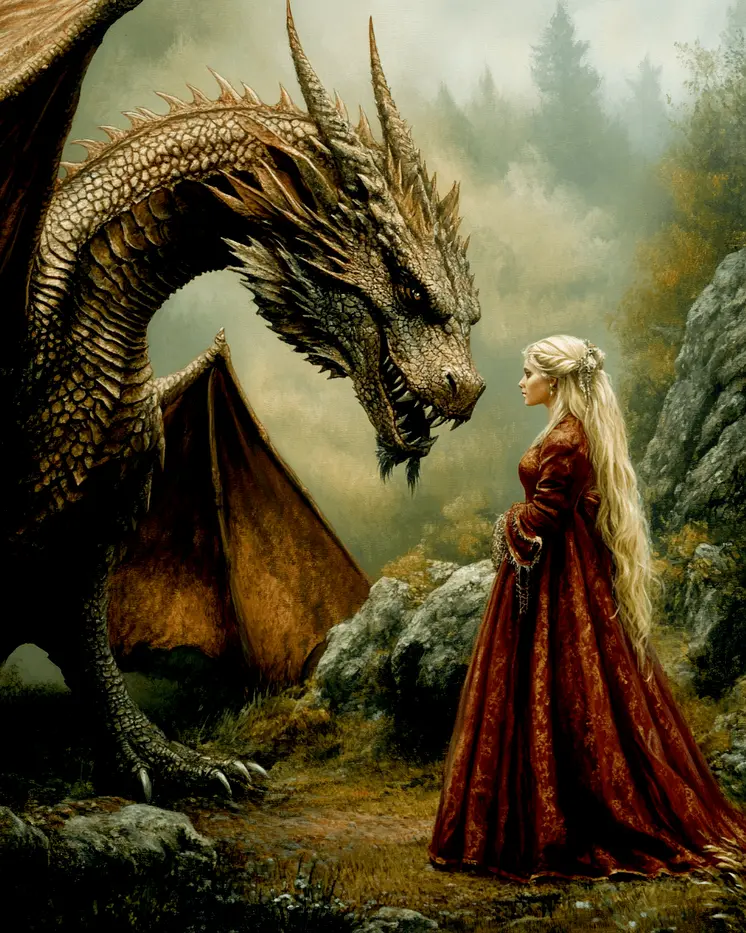 Draco Telling Story to Princess - Dragon Wall Art Prints – 8″x10″ Artwork for 11″x14″ Frame