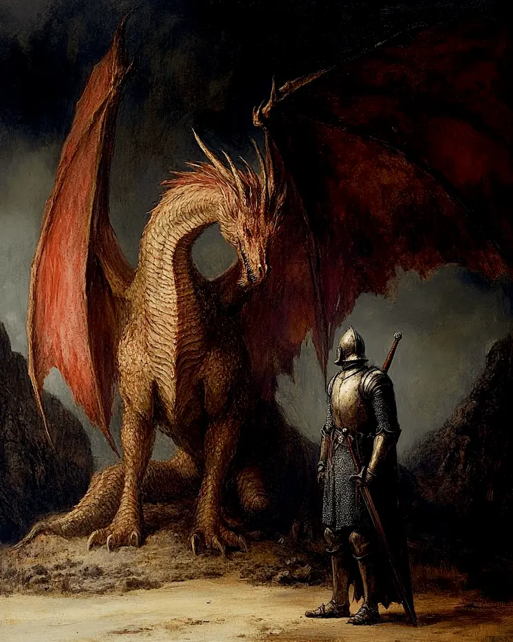 Draco & Knight Standing Guard - Dragon Wall Art Prints – 8″x10″ Artwork for 11″x14″ Frame