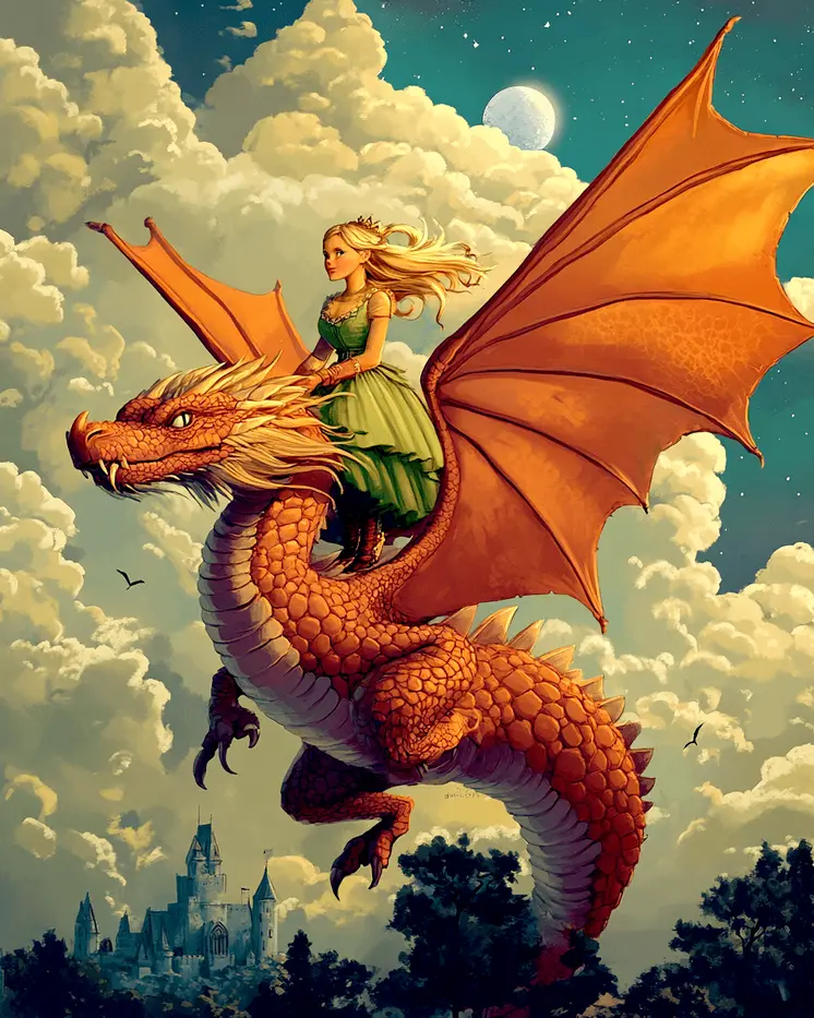 Storybook Princess Rides a Draco - Dragon Wall Art Prints – 8″x10″ Artwork for 11″x14″ Frame