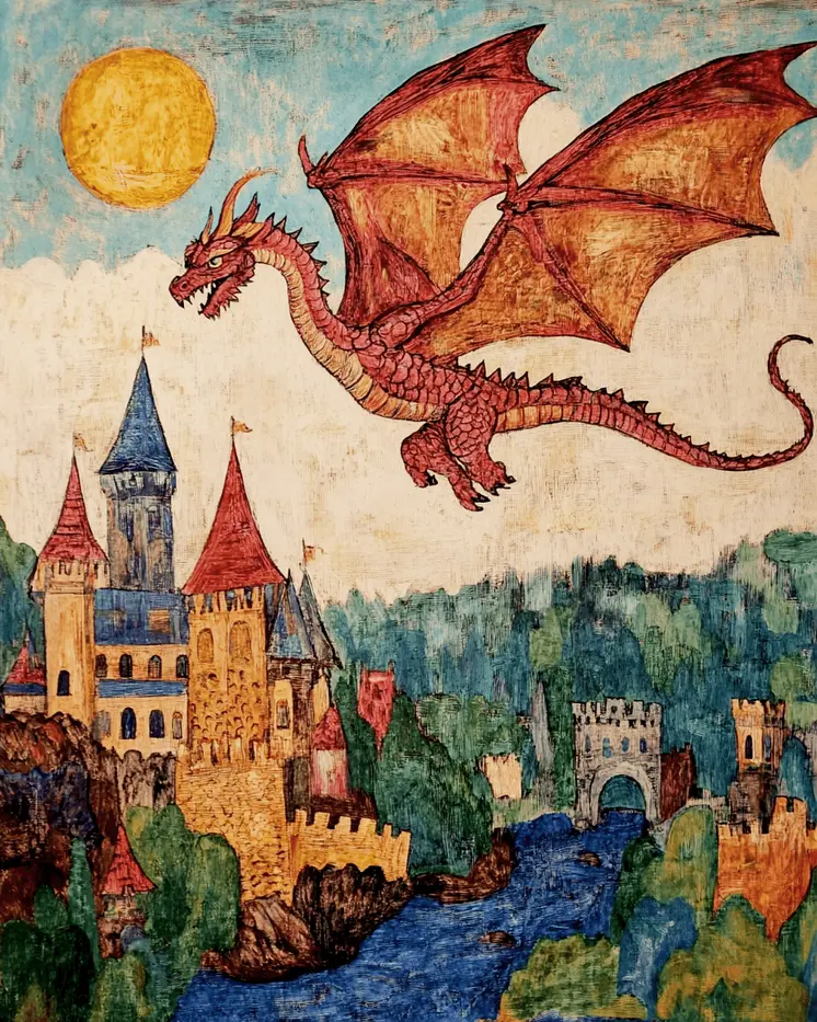 Folk Art Style Draco Flying Over Castle - Dragon Wall Art Prints – 8″x10″ Artwork for 11″x14″ Frame