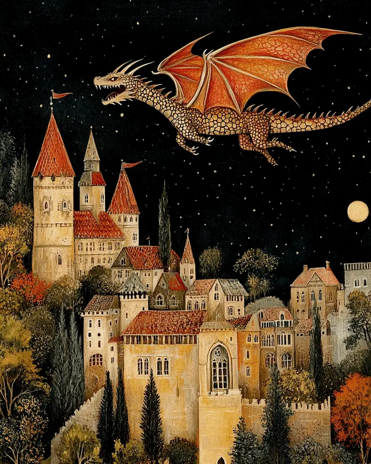 Old English Style Draco Flying Over Castle - Dragon Wall Art Prints – 8″x10″ Artwork for 11″x14″ Frame
