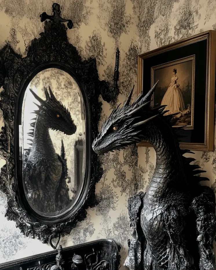 Dark Draco Looking in Mirror - Dragon Wall Art Prints – 8″x10″ Artwork for 11″x14″ Frame