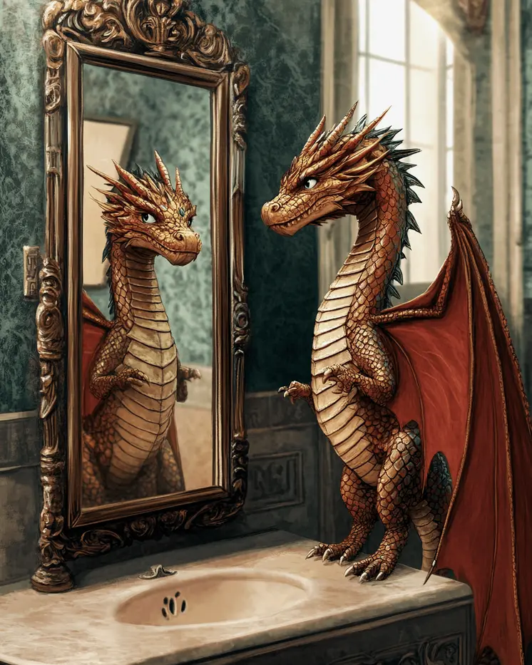 Young Draco Looking in Mirror - Dragon Wall Art Prints – 8″x10″ Artwork for 11″x14″ Frame