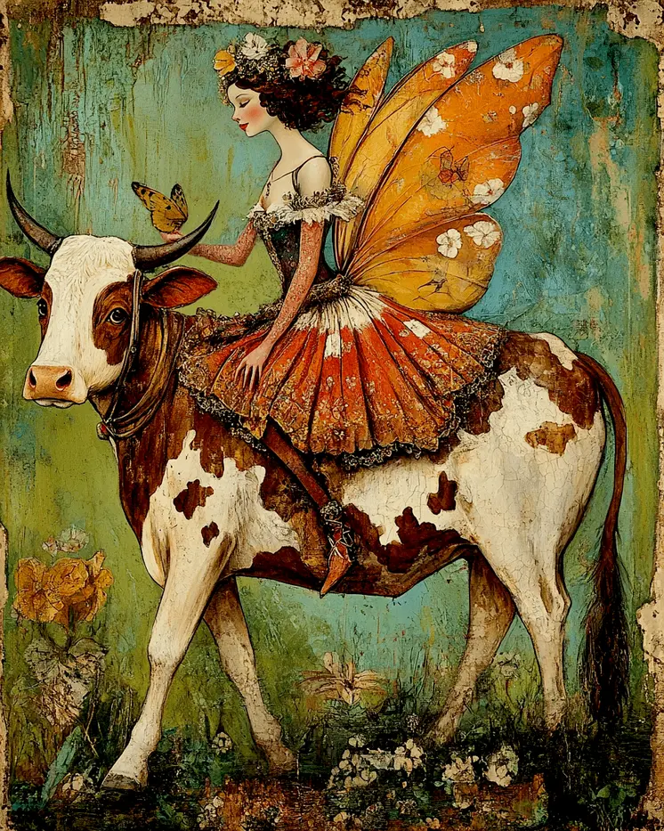 Folk Art Fairy Riding a Cow - Fairies Wall Art Prints – 8″x10″ Artwork for 11″x14″ Frame