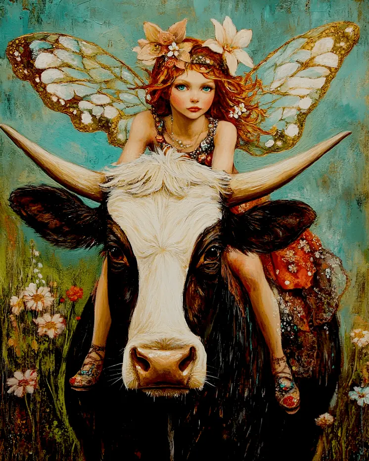 Fairy Riding a Bull - Fairies Wall Art Prints – 8″x10″ Artwork for 11″x14″ Frame