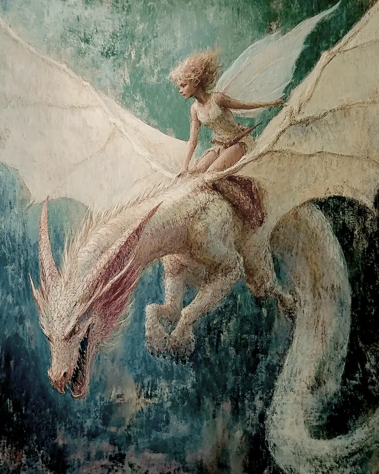 Fairy and Dragon on the Hunt - Fairies Wall Art Prints – 8″x10″ Artwork for 11″x14″ Frame