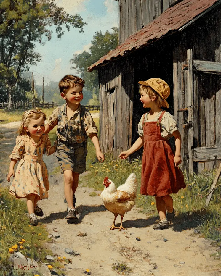 Children Walking with a Chicken - Chicken Art Prints - 8"x10" Artwork for 11"x14" Frame