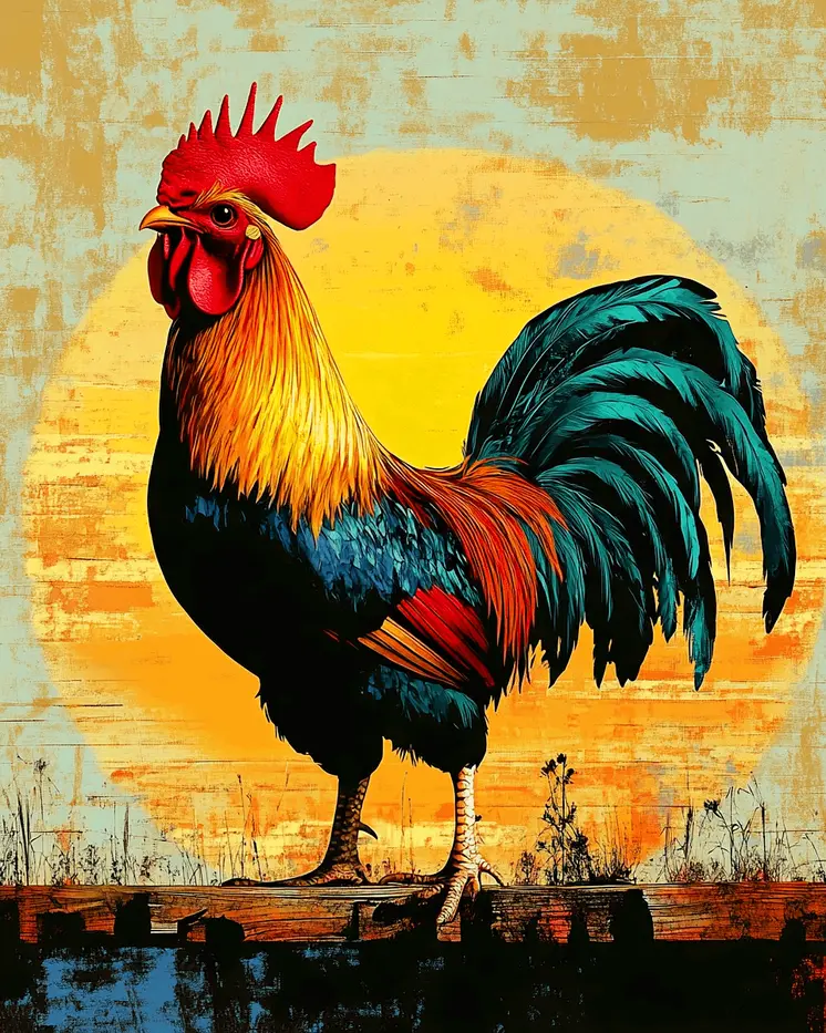 Retro Sunrise Rooster - Chicken Art Prints - 8"x10" Artwork for 11"x14" Frame