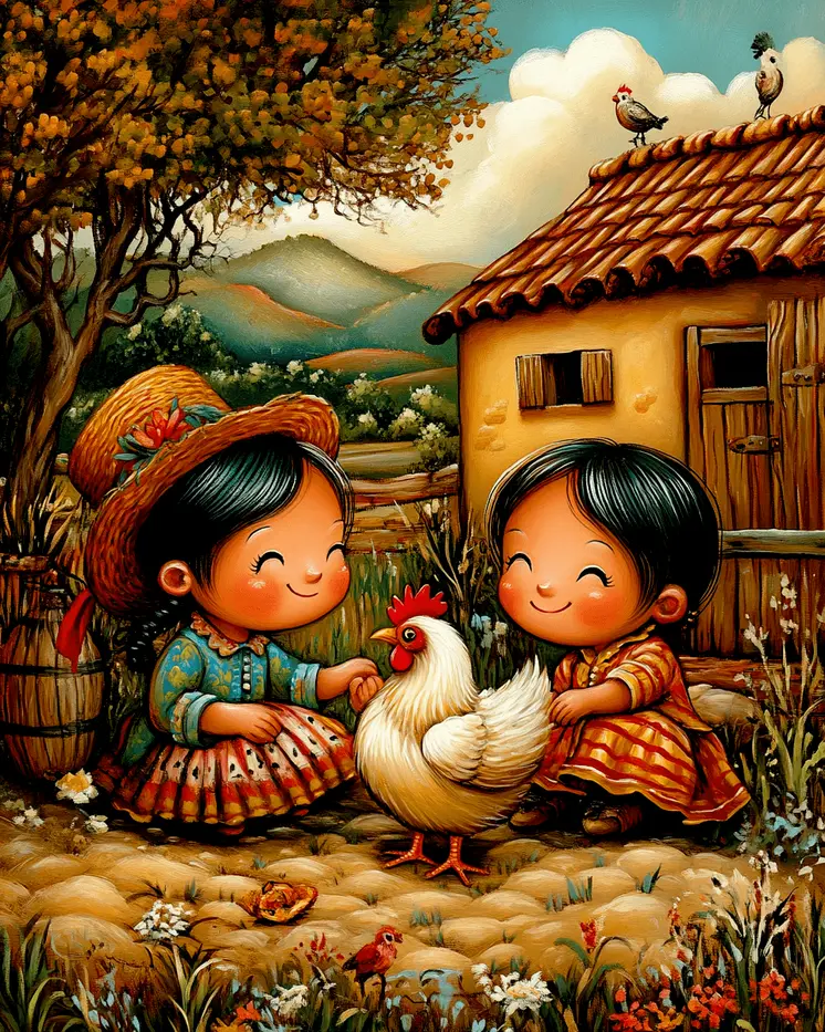 Cute Girls Playing with Chicken - Chicken Art Prints - 8"x10" Artwork for 11"x14" Frame