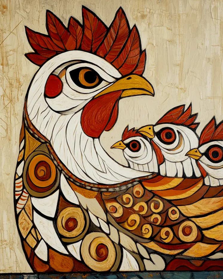 Stylized Hen with Chicks - Chicken Art Prints - 8"x10" Artwork for 11"x14" Frame