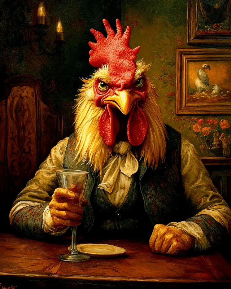 Big Cock at the Bar - Chicken Art Prints - 8"x10" Artwork for 11"x14" Frame