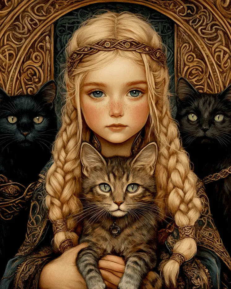 Portrait of a Young Freya and Her Cat - Freya the Norse Goddess Wall Art Prints – 8″x10″ Artwork for 11″x14″ Frame