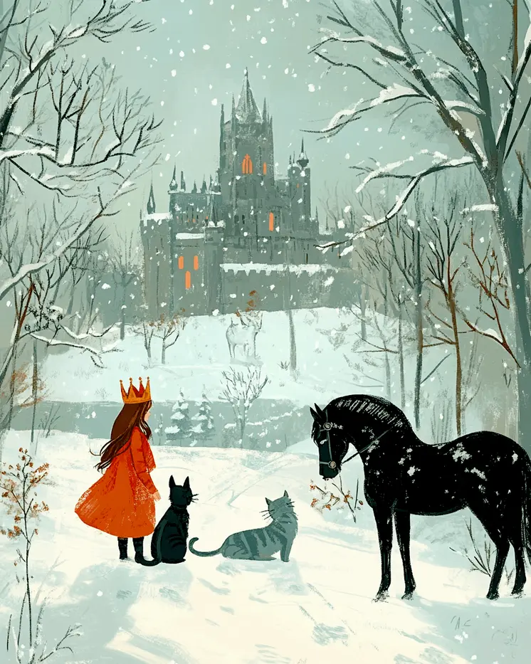 Folk Art Freya, Cats and Horse, on a Winter's Day - Freya the Norse Goddess Wall Art Prints – 8″x10″ Artwork for 11″x14″ Frame