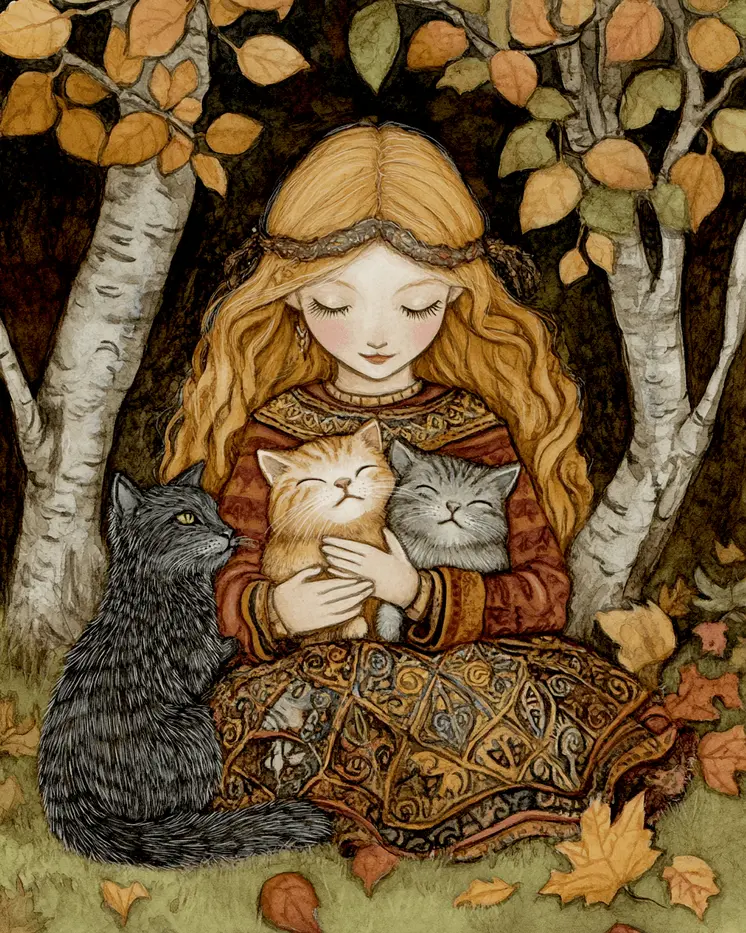 Folk Art Freya Cuddling Her Cats - Freya the Norse Goddess Wall Art Prints – 8″x10″ Artwork for 11″x14″ Frame