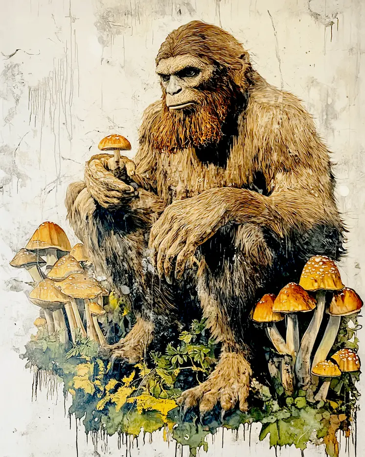 Vintage Bigfoot Among Amanita Shrooms - Mushroom Art Prints - 8"x10" Art Print for 11"x14" Frame